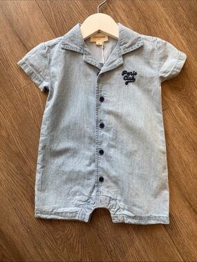 Louis Louise Light Denim Baby Romper with Navy Embroidered Logo